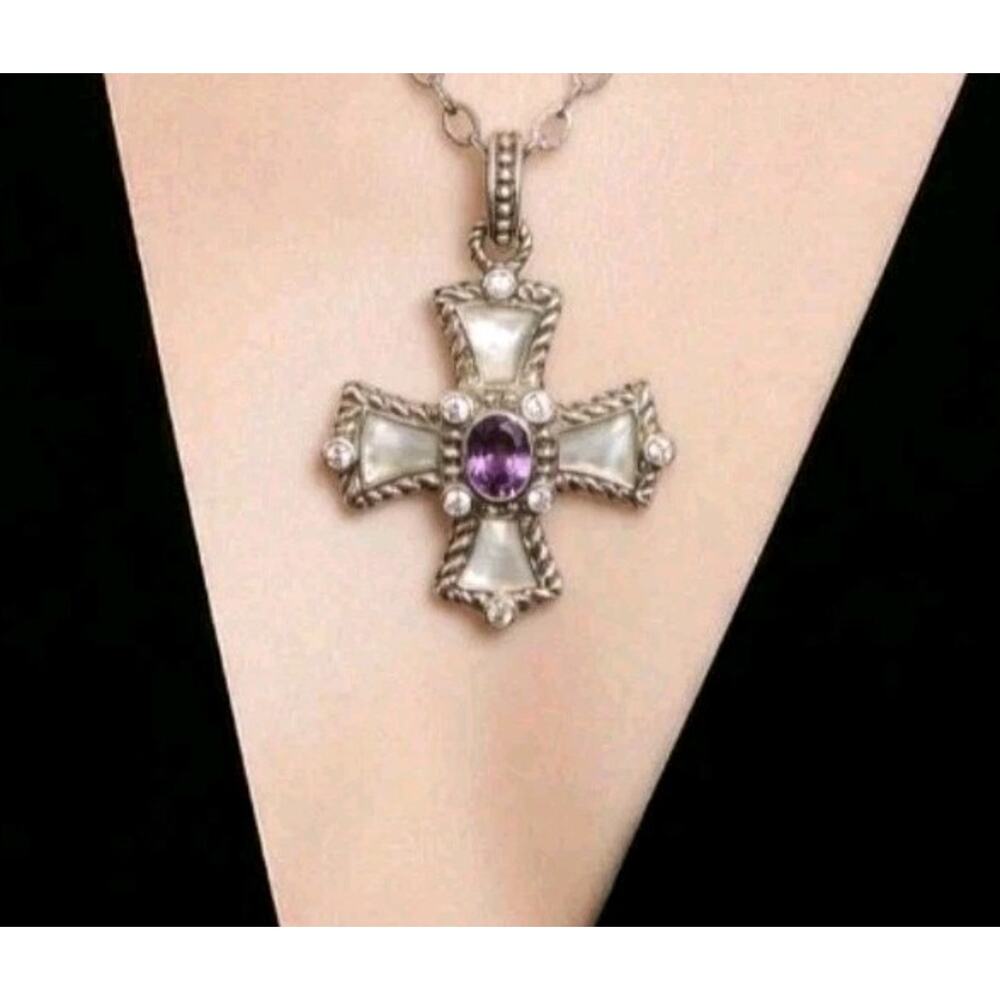 JUDITH RIPKA Sterling 925 Amethyst & CZ Maltese Cross Pendant & Chain Necklace